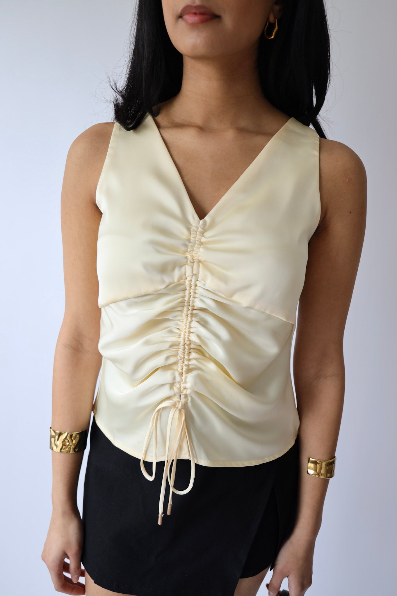 Champagne Satin Ruched Sleeveless Blouse