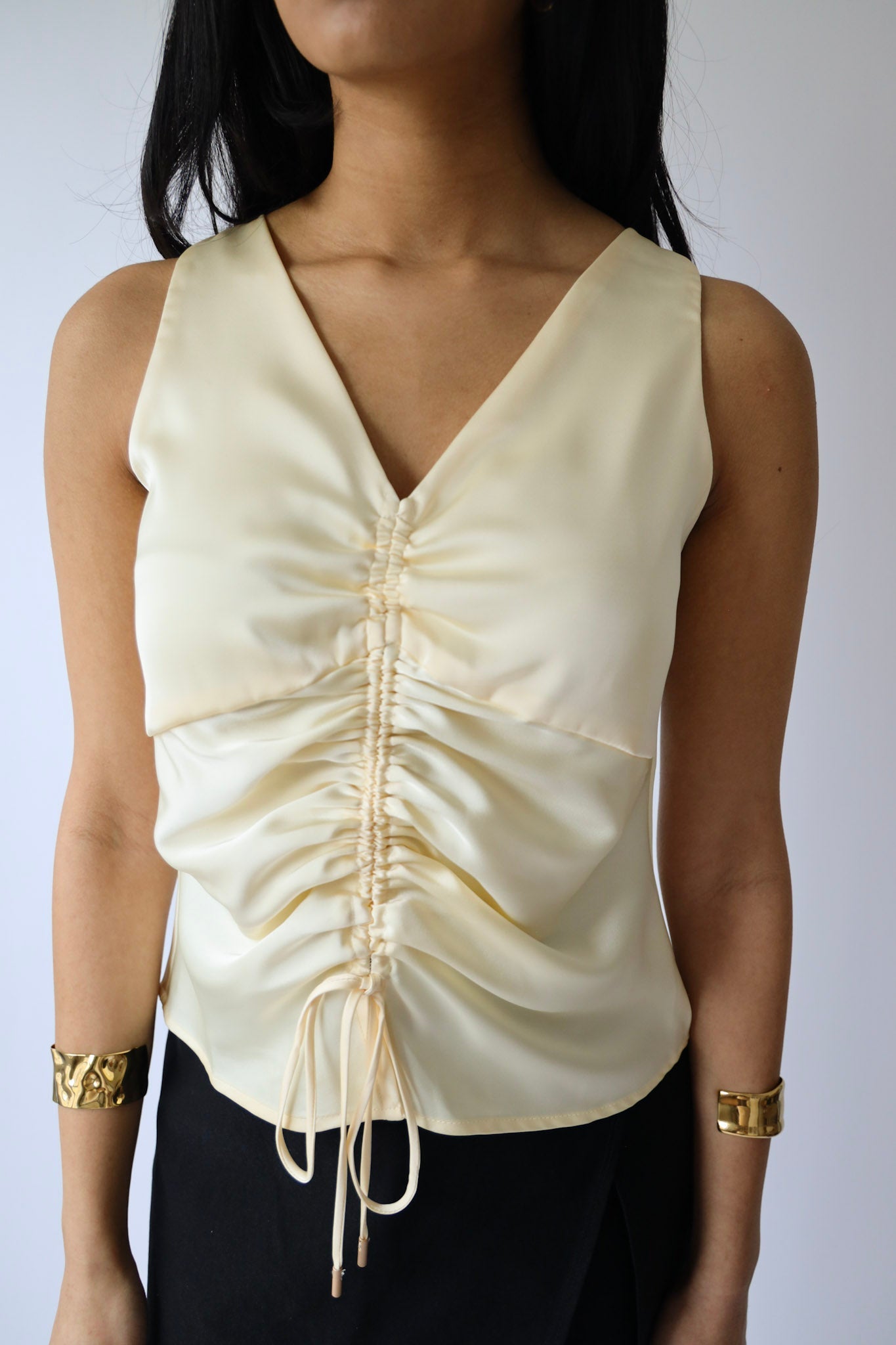 Champagne Satin Ruched Sleeveless Blouse