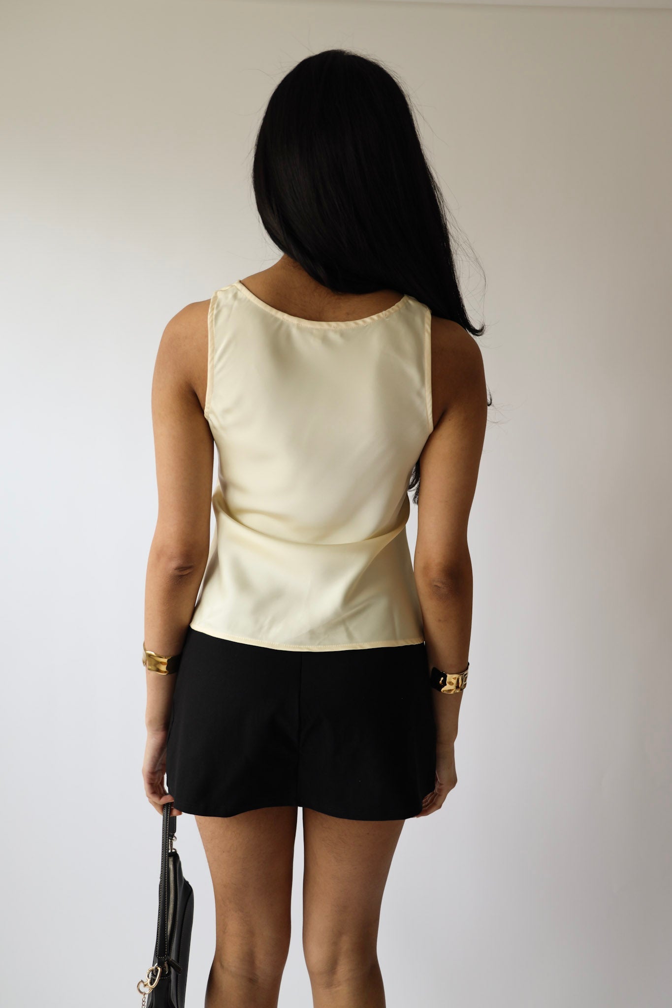 Champagne Satin Ruched Sleeveless Blouse