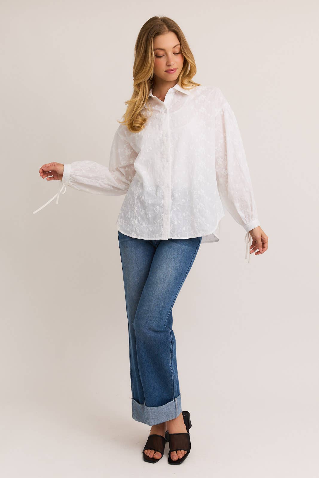 White Floral Embroidered Puff Sleeve Button Down