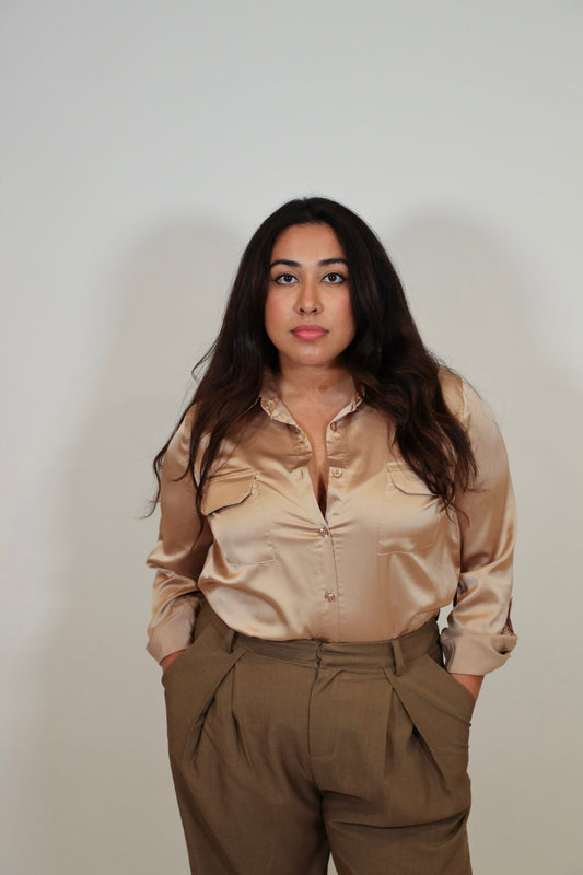 Satin Roll Up Tab Sleeve Woven Top