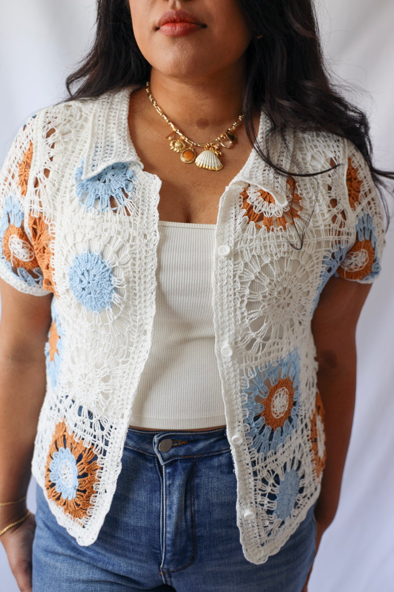 Orange and Blue Crochet Tile Button Down Top