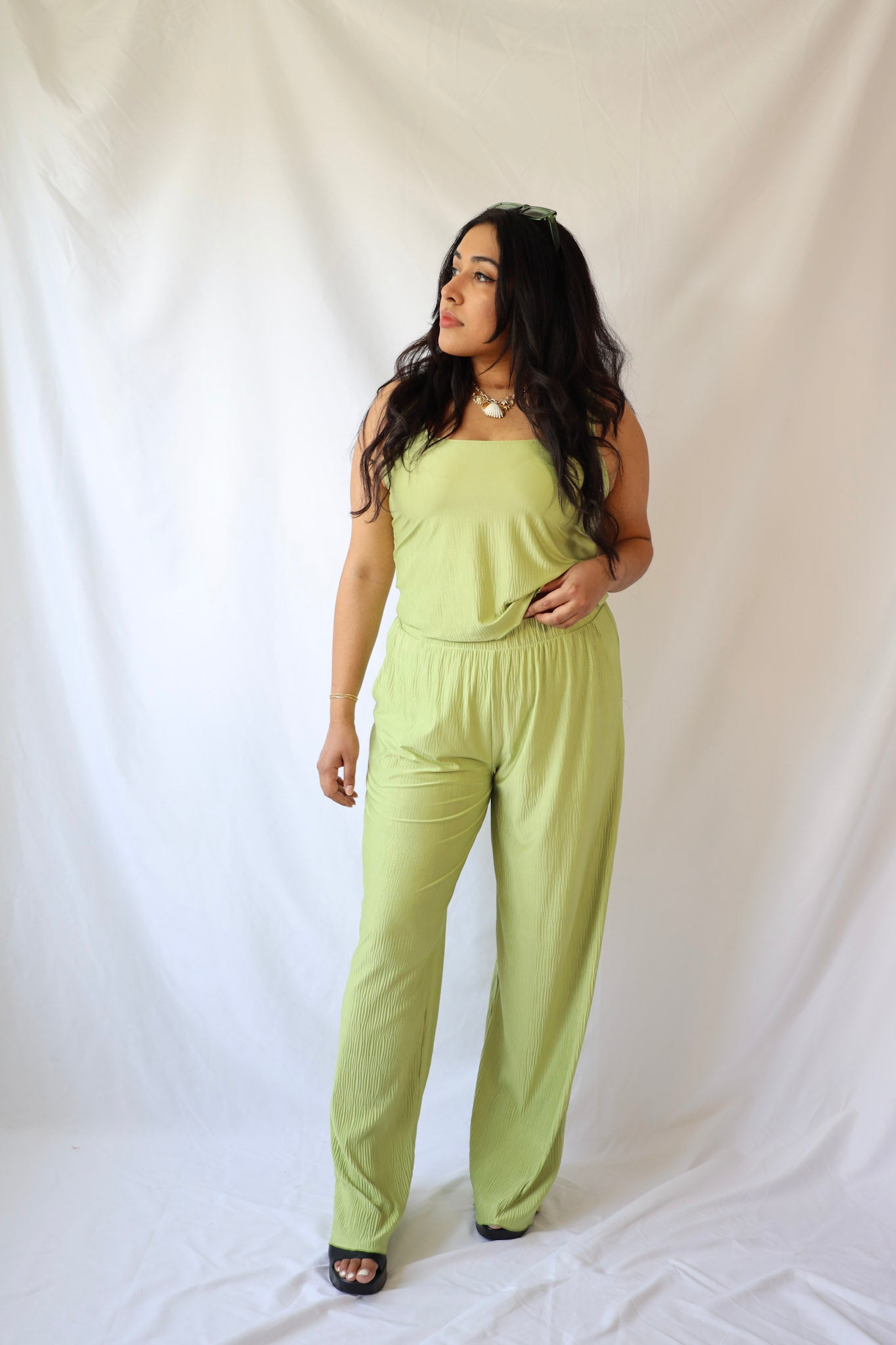 Green Square Neck Pleated Top
