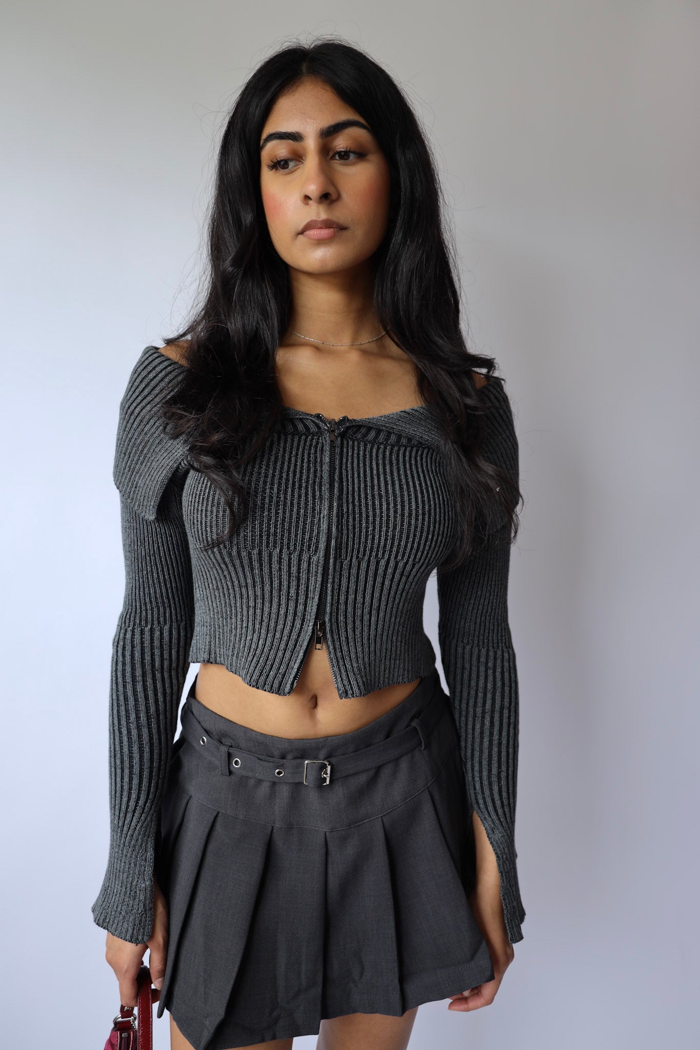 Washed Off-Shoulder Zip-Front Sweater Top