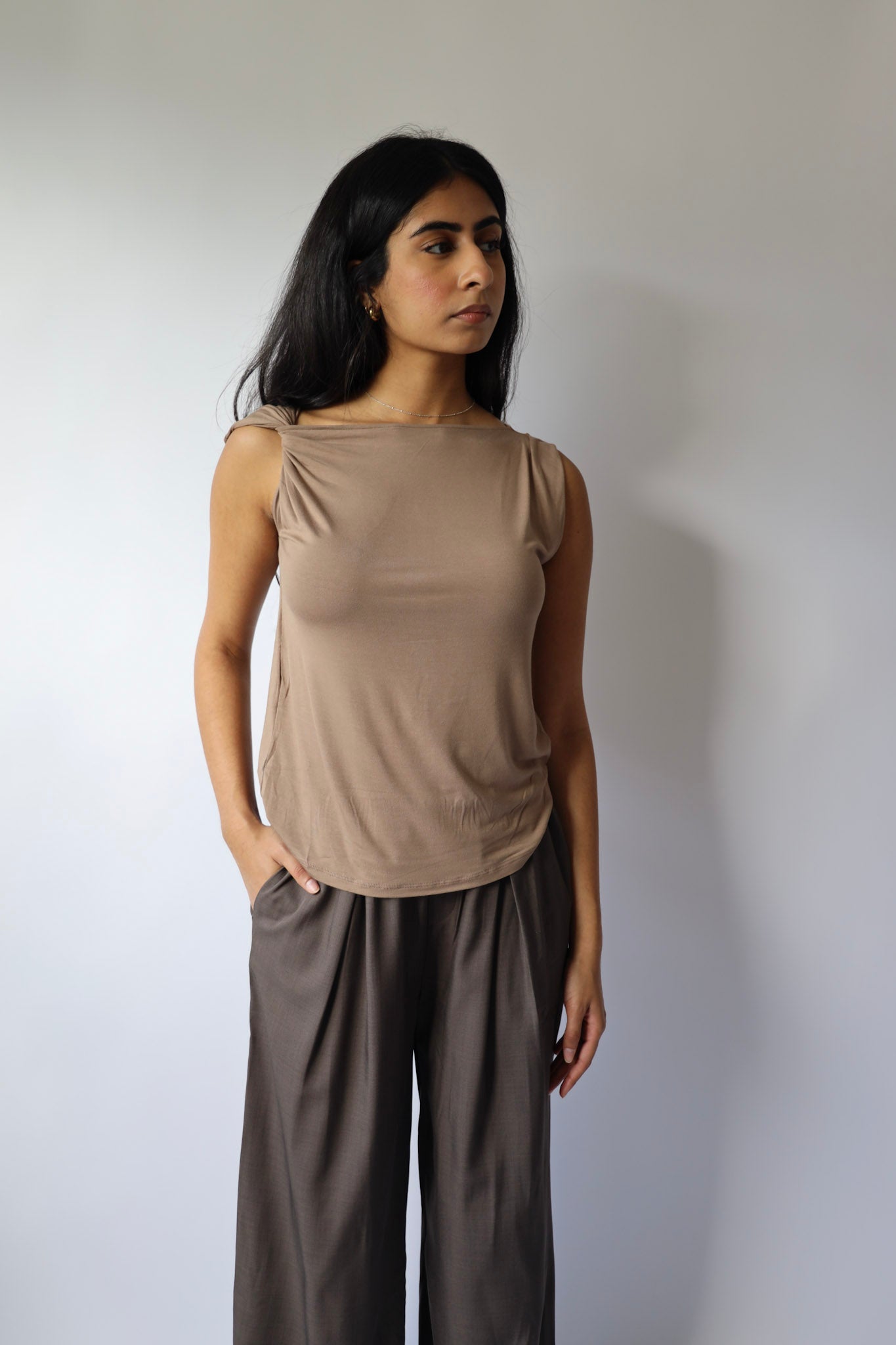 Latte Draped Shoulder Top