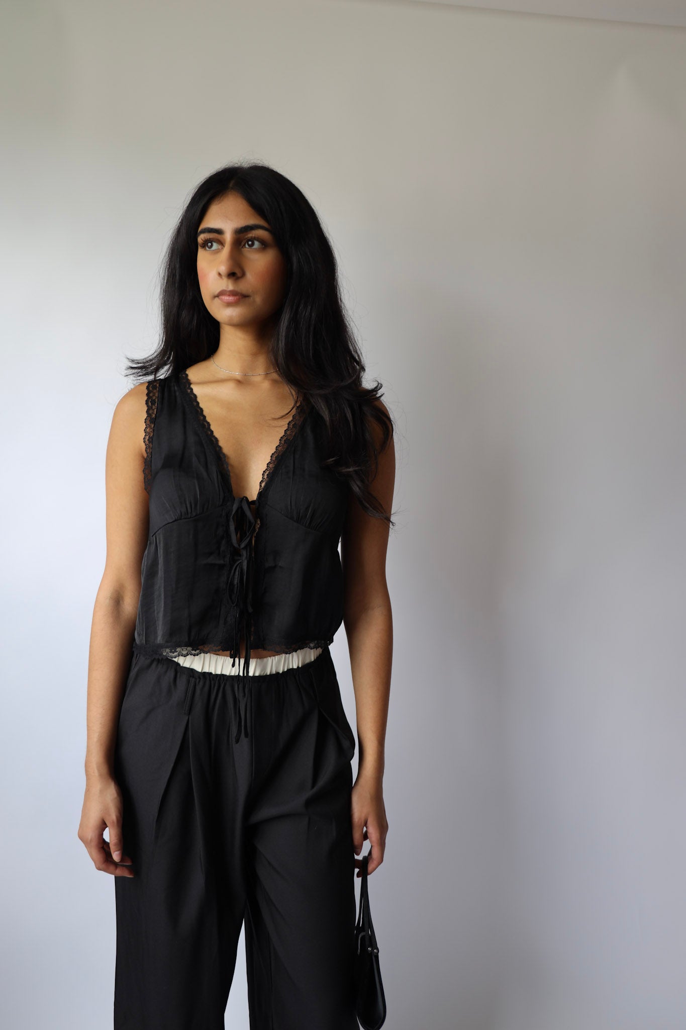 Lace Trim Satin Tie Front Top