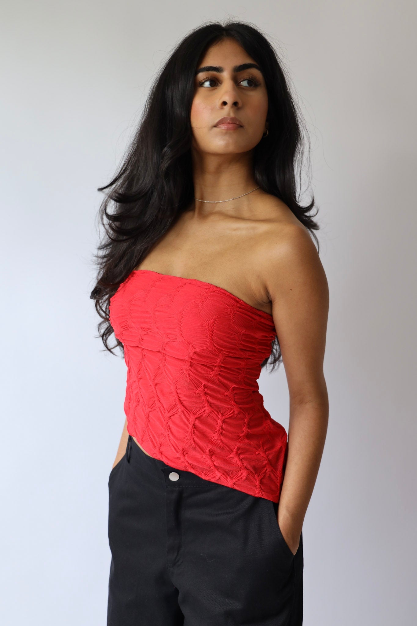 Red Textured Asymmetrical Tube Top