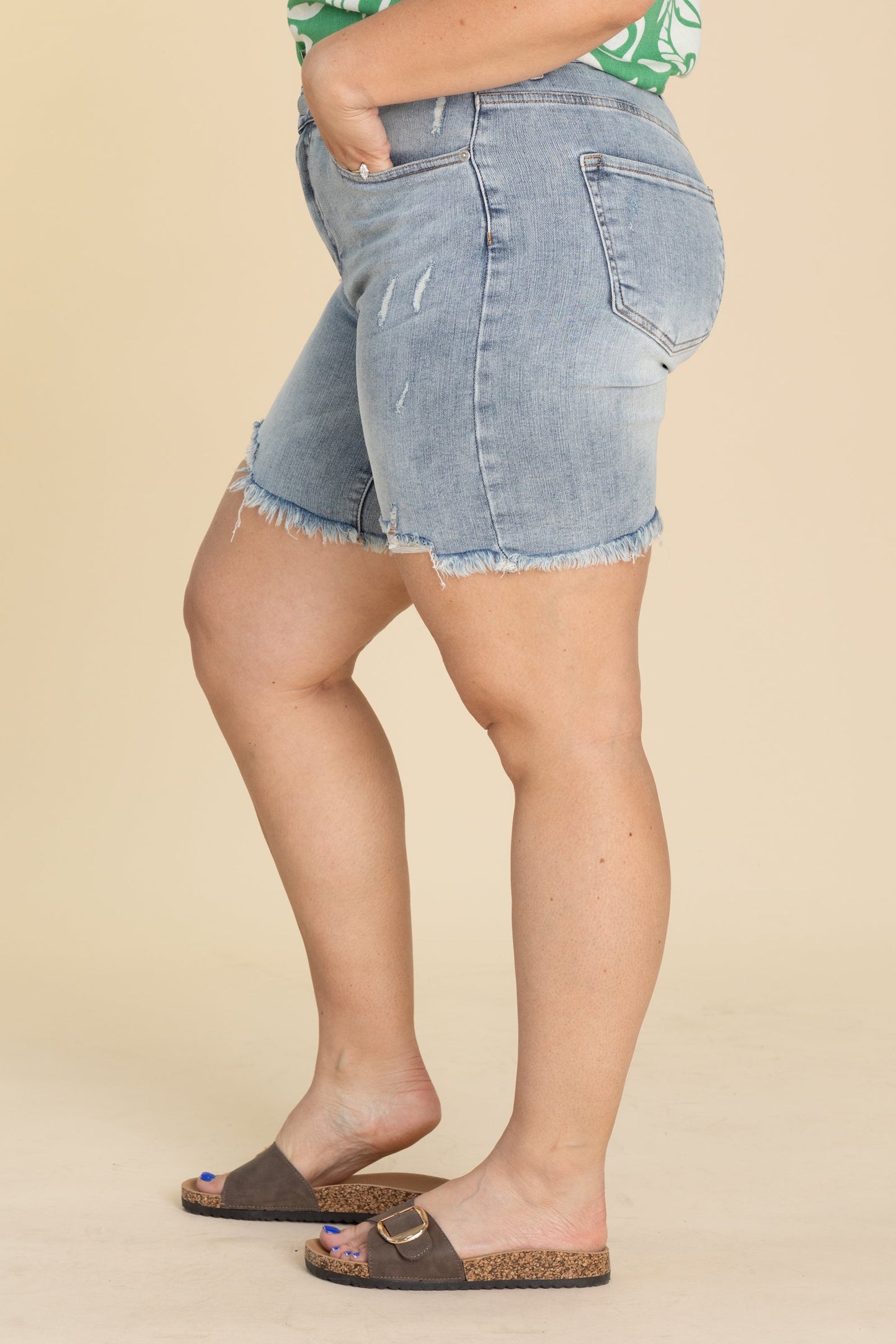 Risen Light Distressed Mid Length Shorts