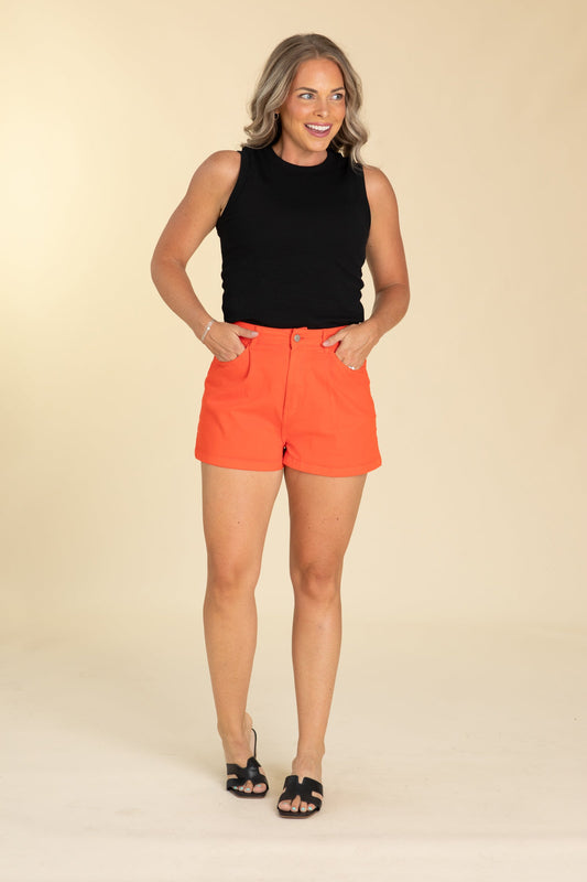 Red Shorts with Front Pleat Detail
