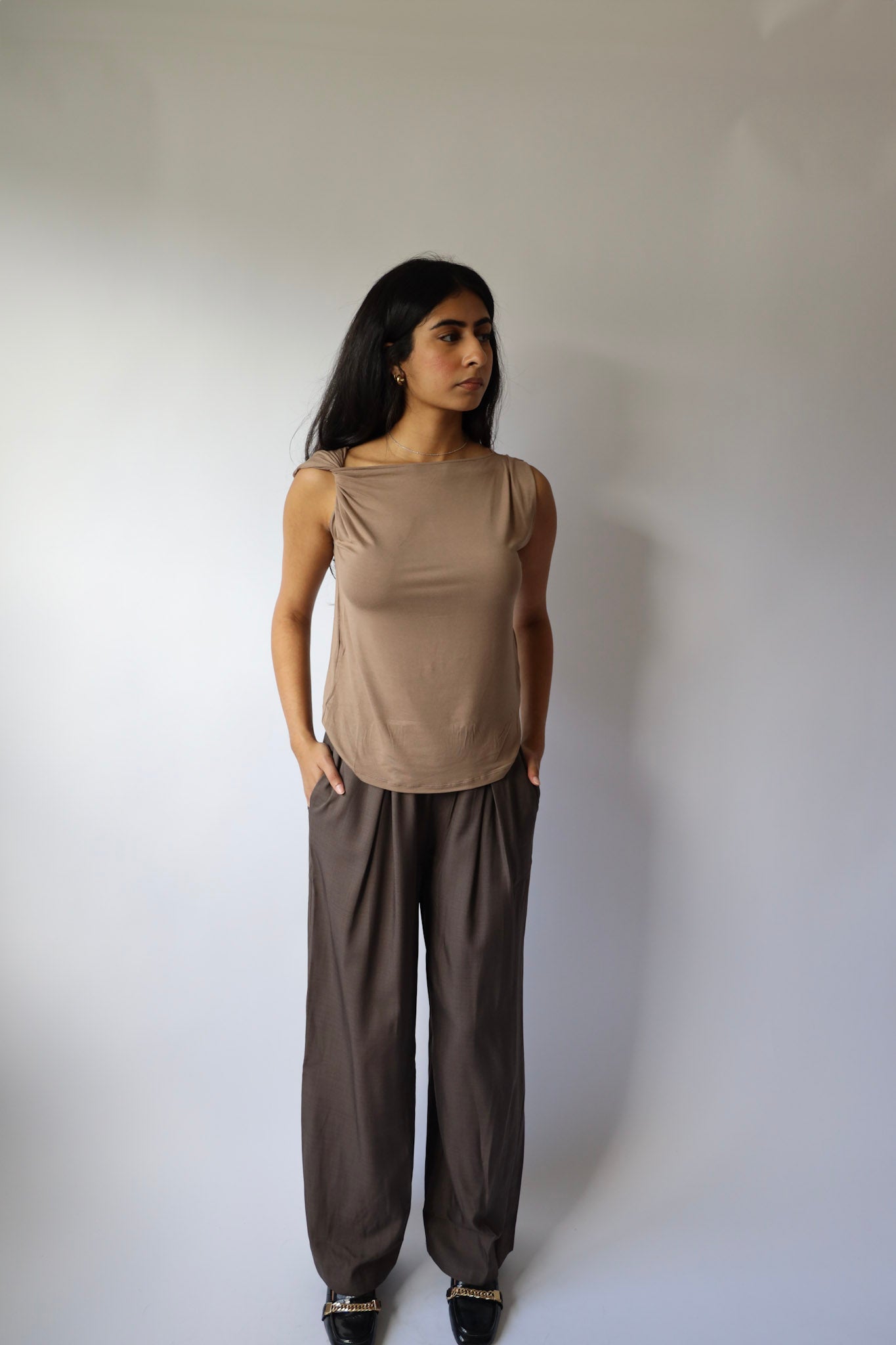 Latte Draped Shoulder Top