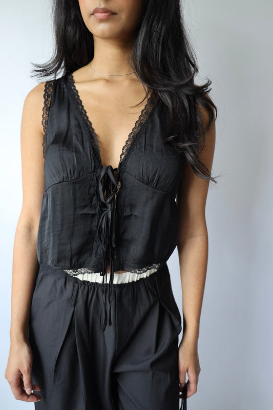 Lace Trim Satin Tie Front Top