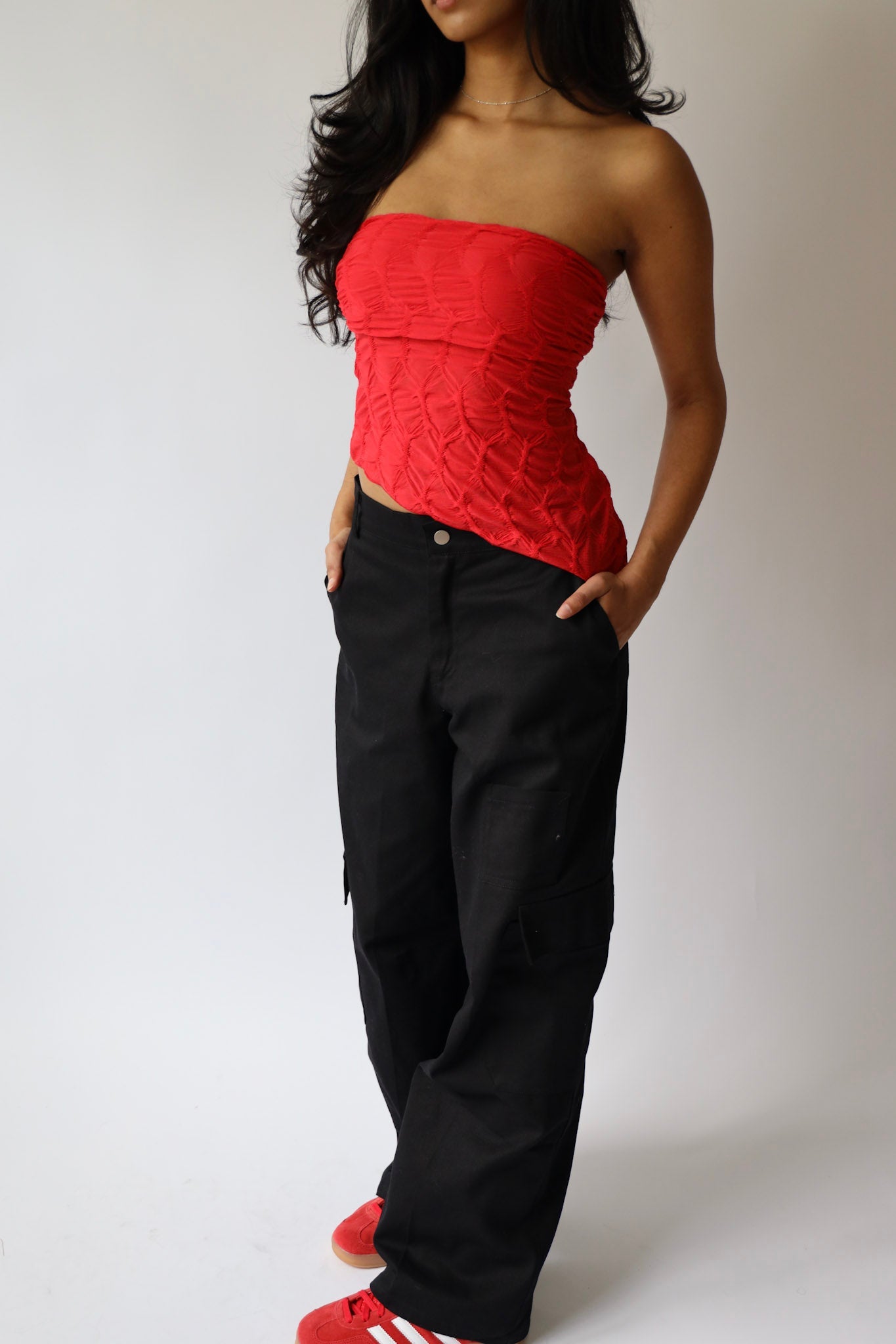 Red Textured Asymmetrical Tube Top