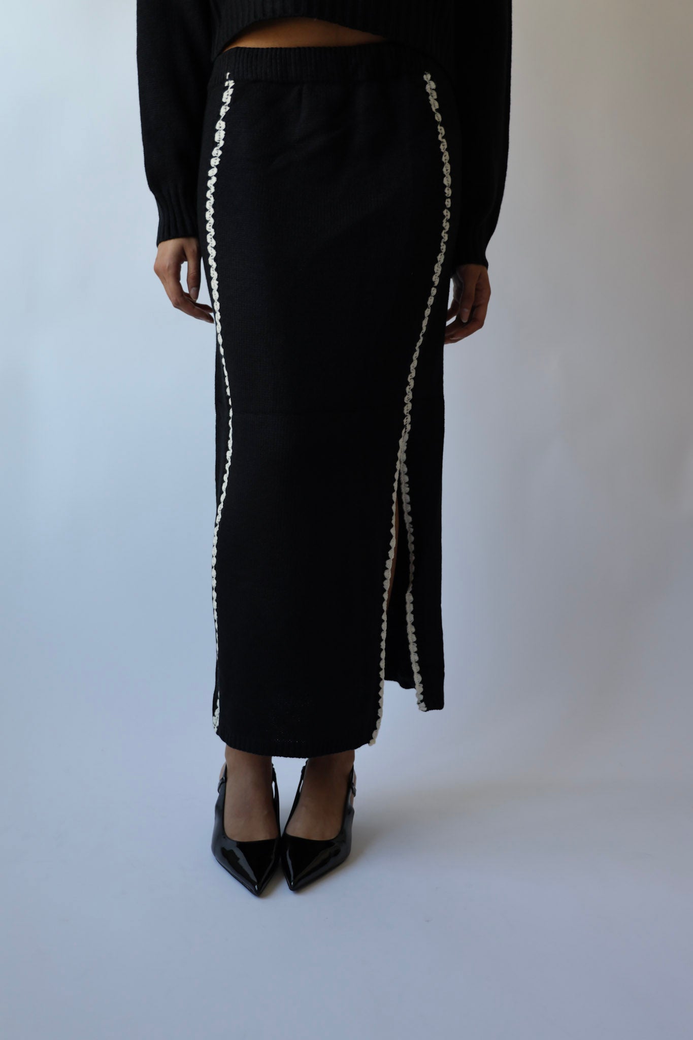 Contrast Stitch Knit Sweater and Long Skirt Set (Sold as a Set)