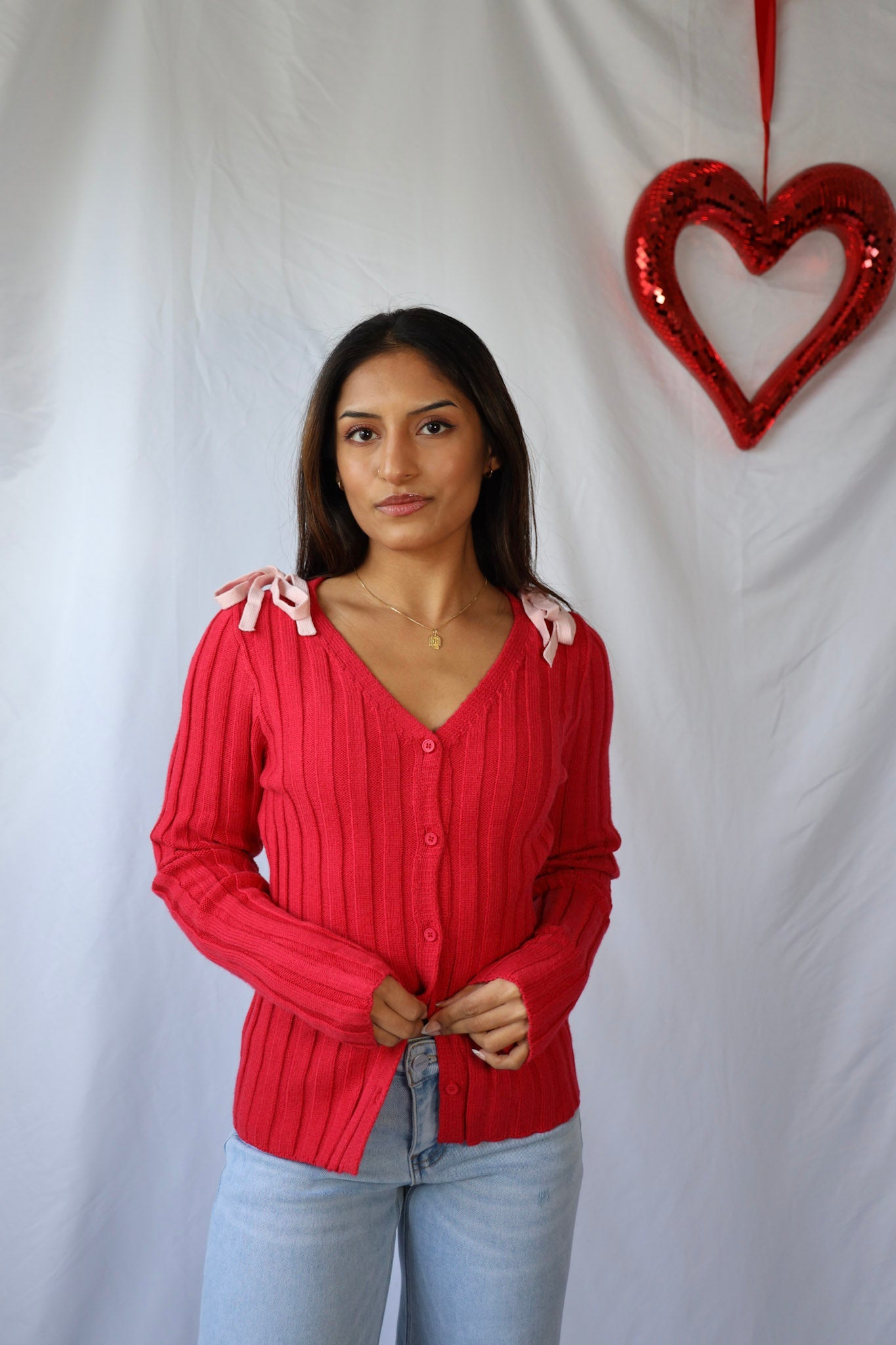 Red Cardigan with Pink Bows