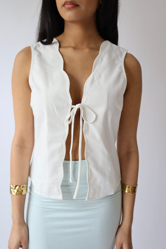 White Scalloped Linen Tie-Front Vest
