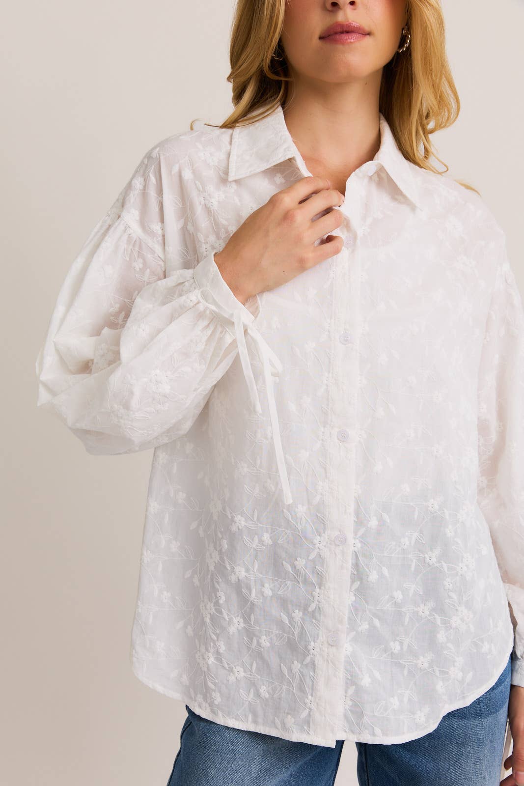 White Floral Embroidered Puff Sleeve Button Down