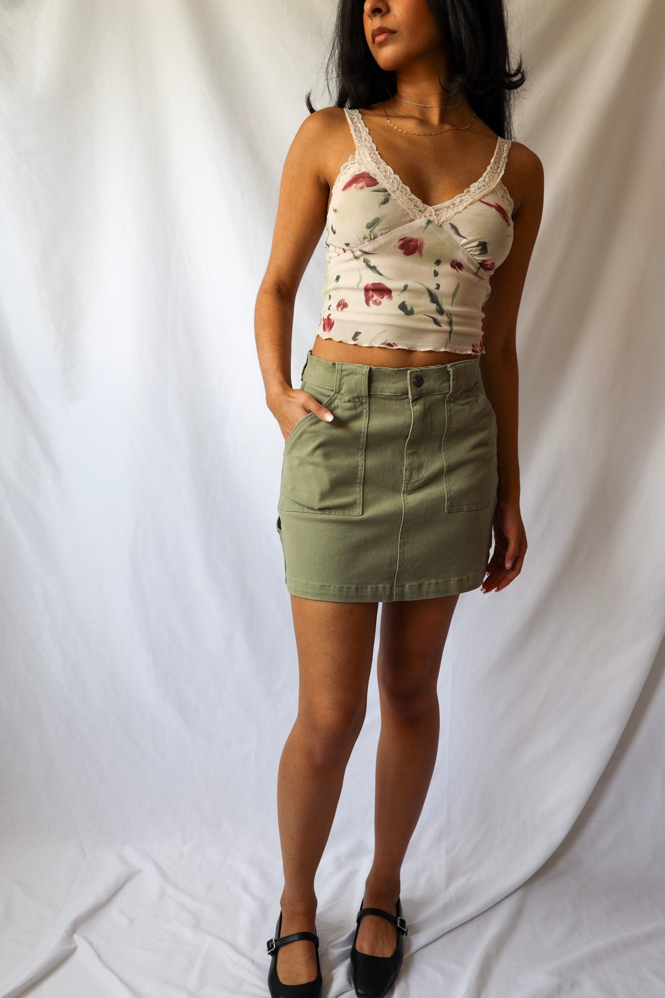 Moody Floral Mesh Lace Shoulder Cami Top