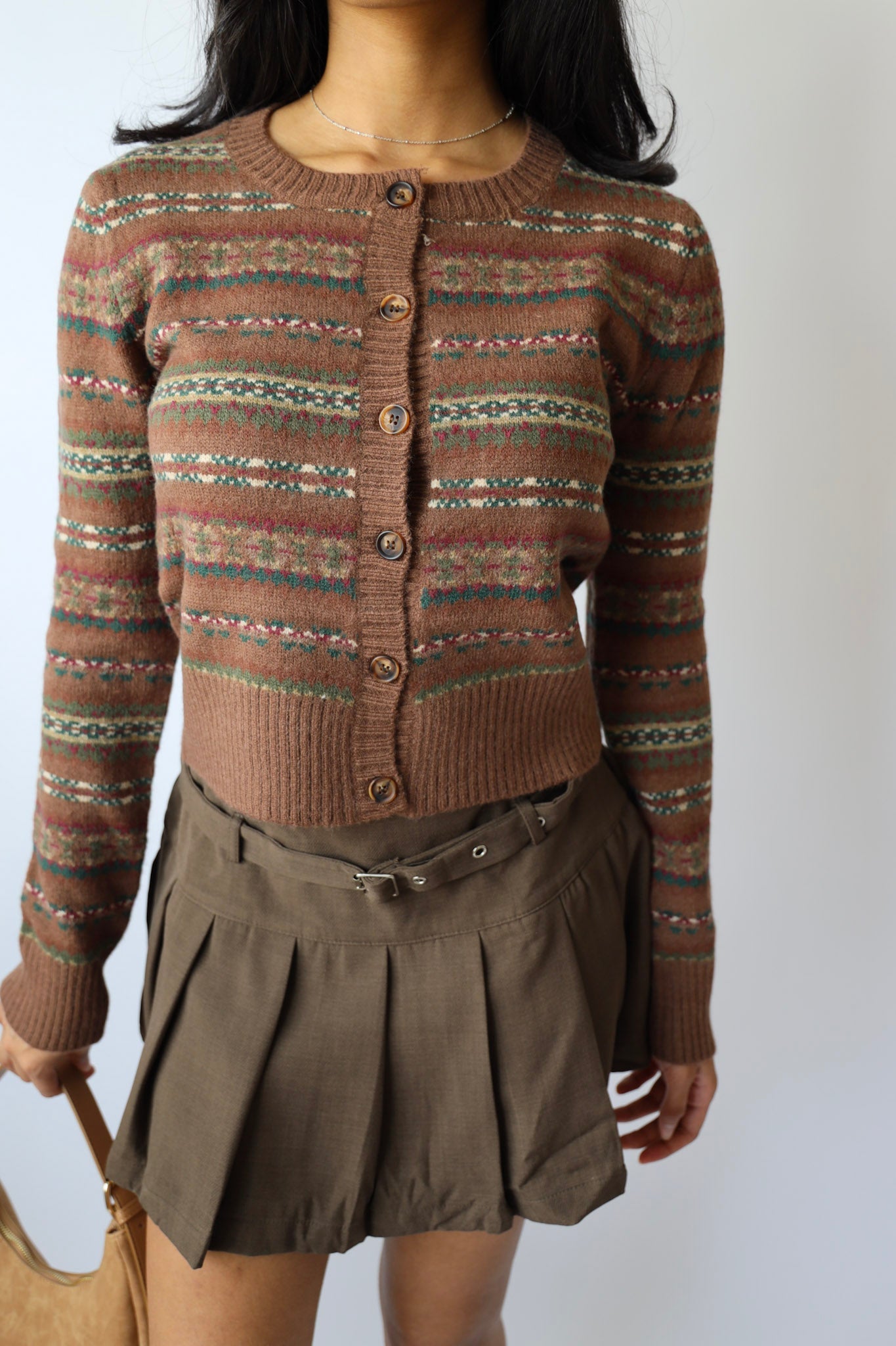 Vintage Pattern Cozy Brown Cardigan