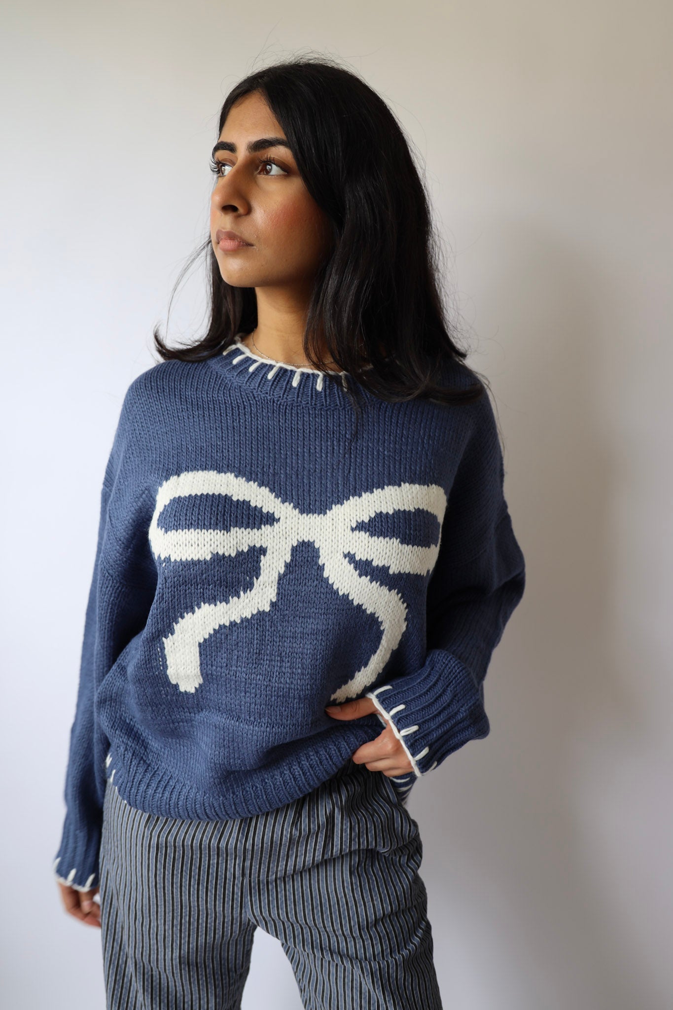 Ribbon Sweater with Stitched Hem
