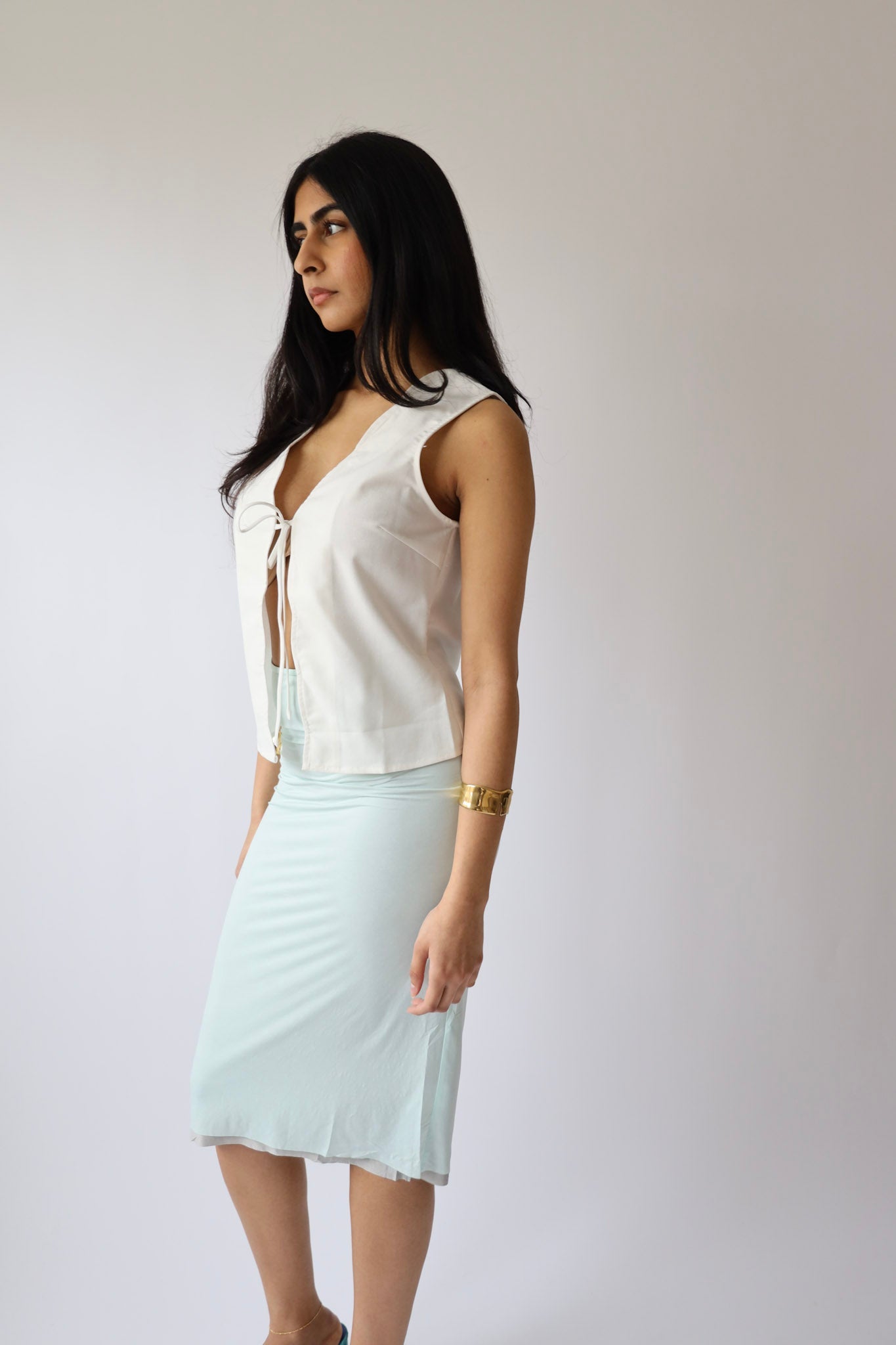 White Scalloped Linen Tie-Front Vest