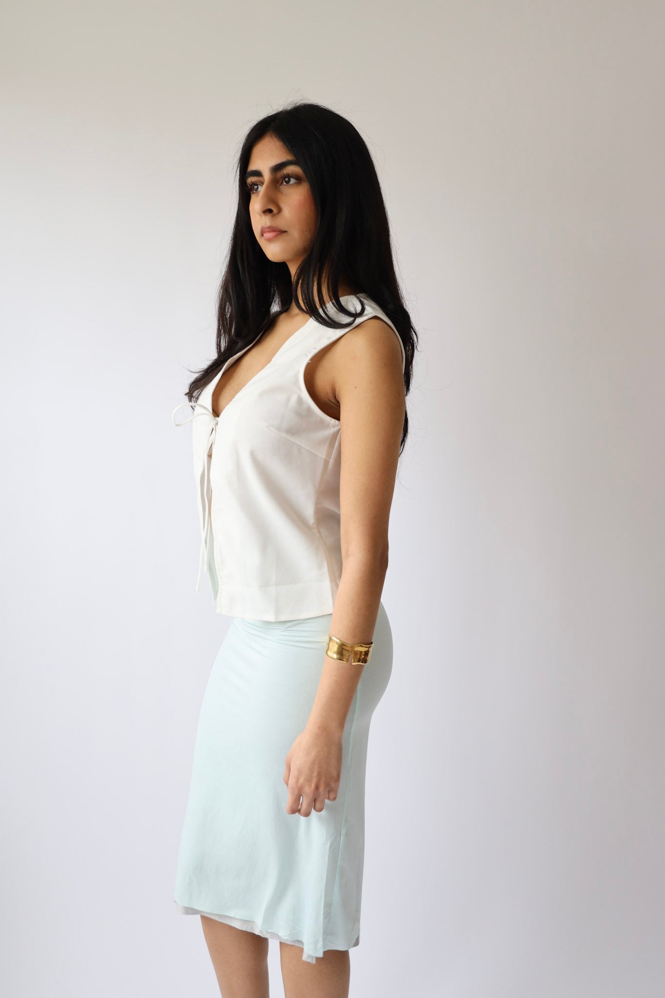 White Scalloped Linen Tie-Front Vest