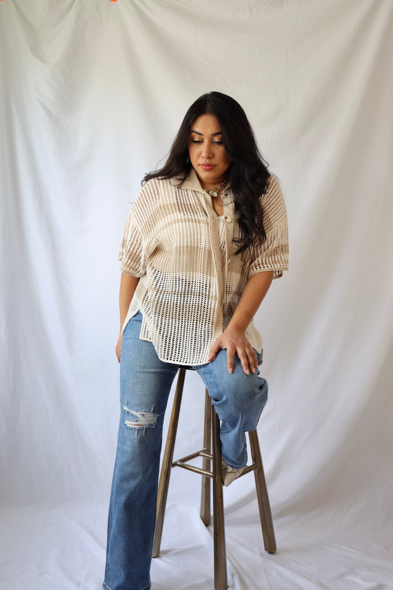 Open Knit Oversized Collar Top