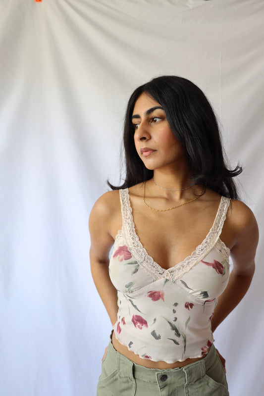 Moody Floral Mesh Lace Shoulder Cami Top