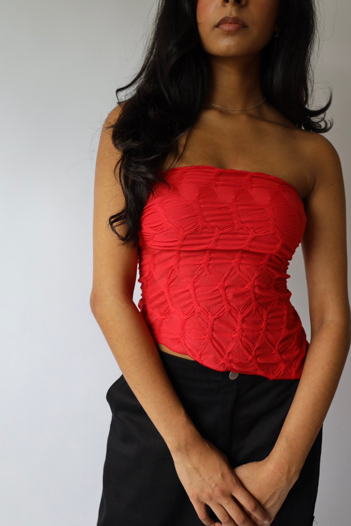 Red Textured Asymmetrical Tube Top