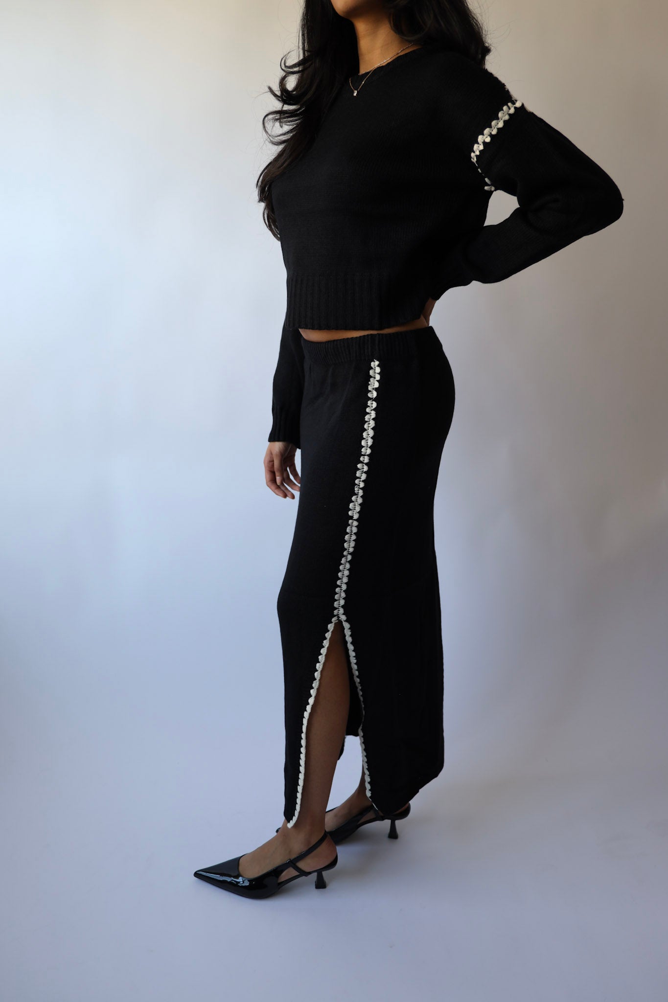 Contrast Stitch Knit Sweater and Long Skirt Set (Sold as a Set)