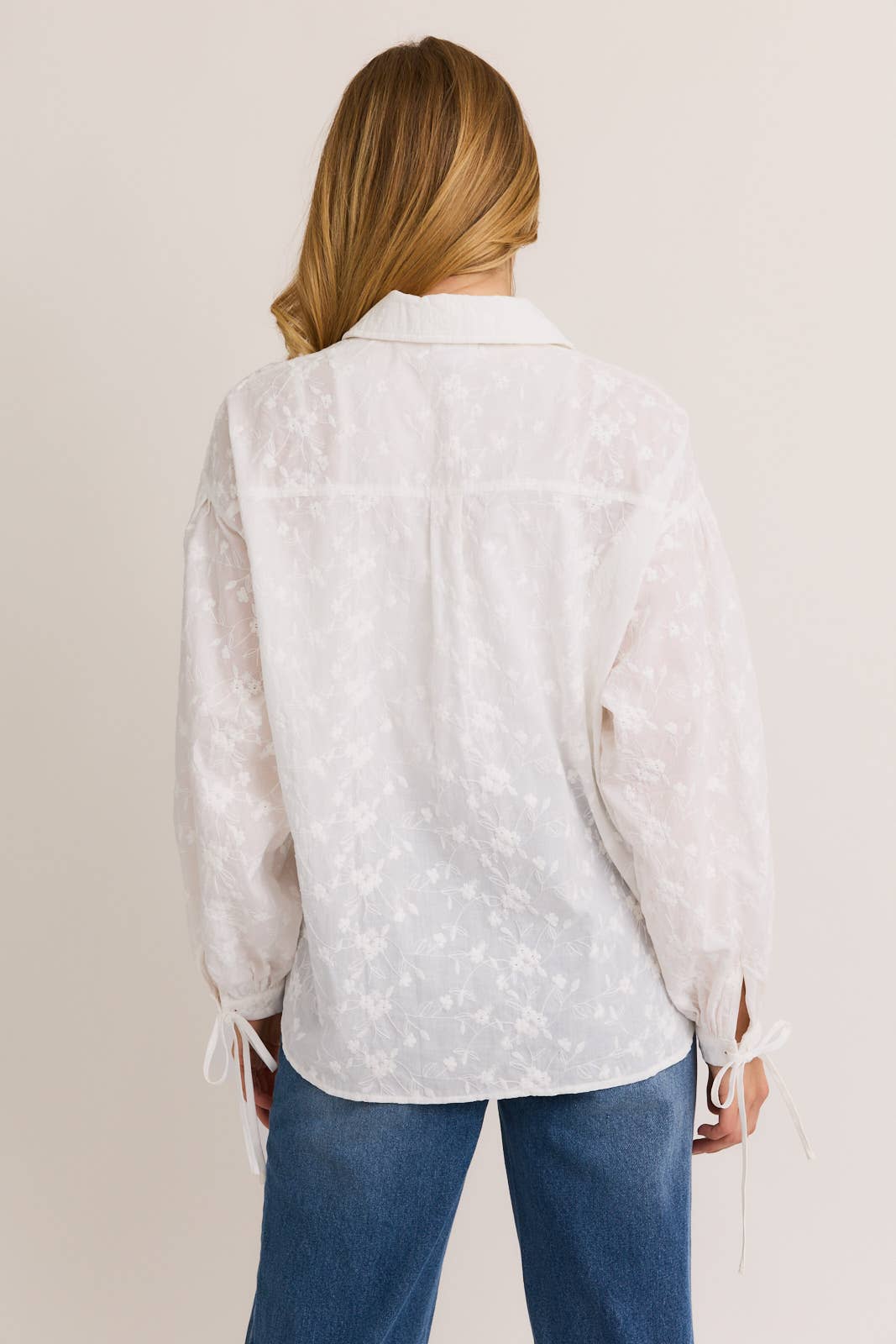 White Floral Embroidered Puff Sleeve Button Down
