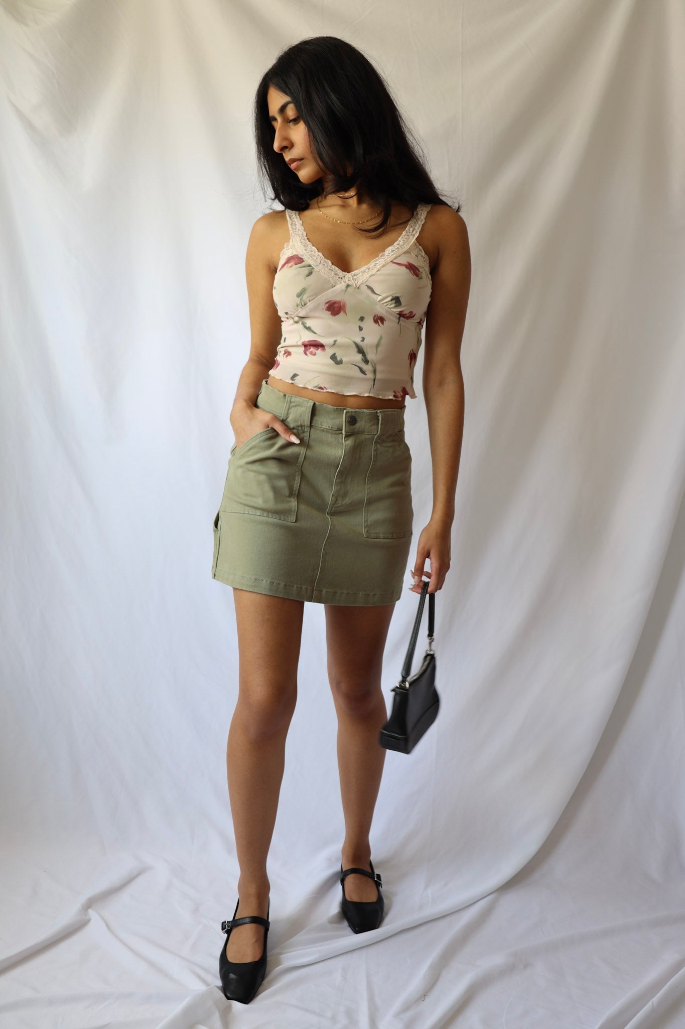 Moody Floral Mesh Lace Shoulder Cami Top