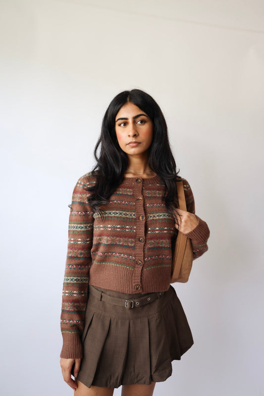 Vintage Pattern Cozy Brown Cardigan