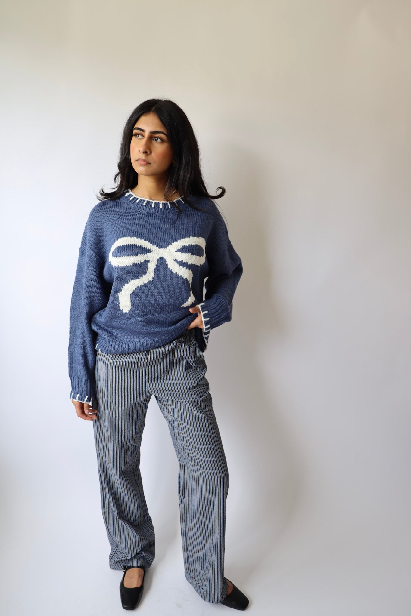 Ribbon Sweater with Stitched Hem