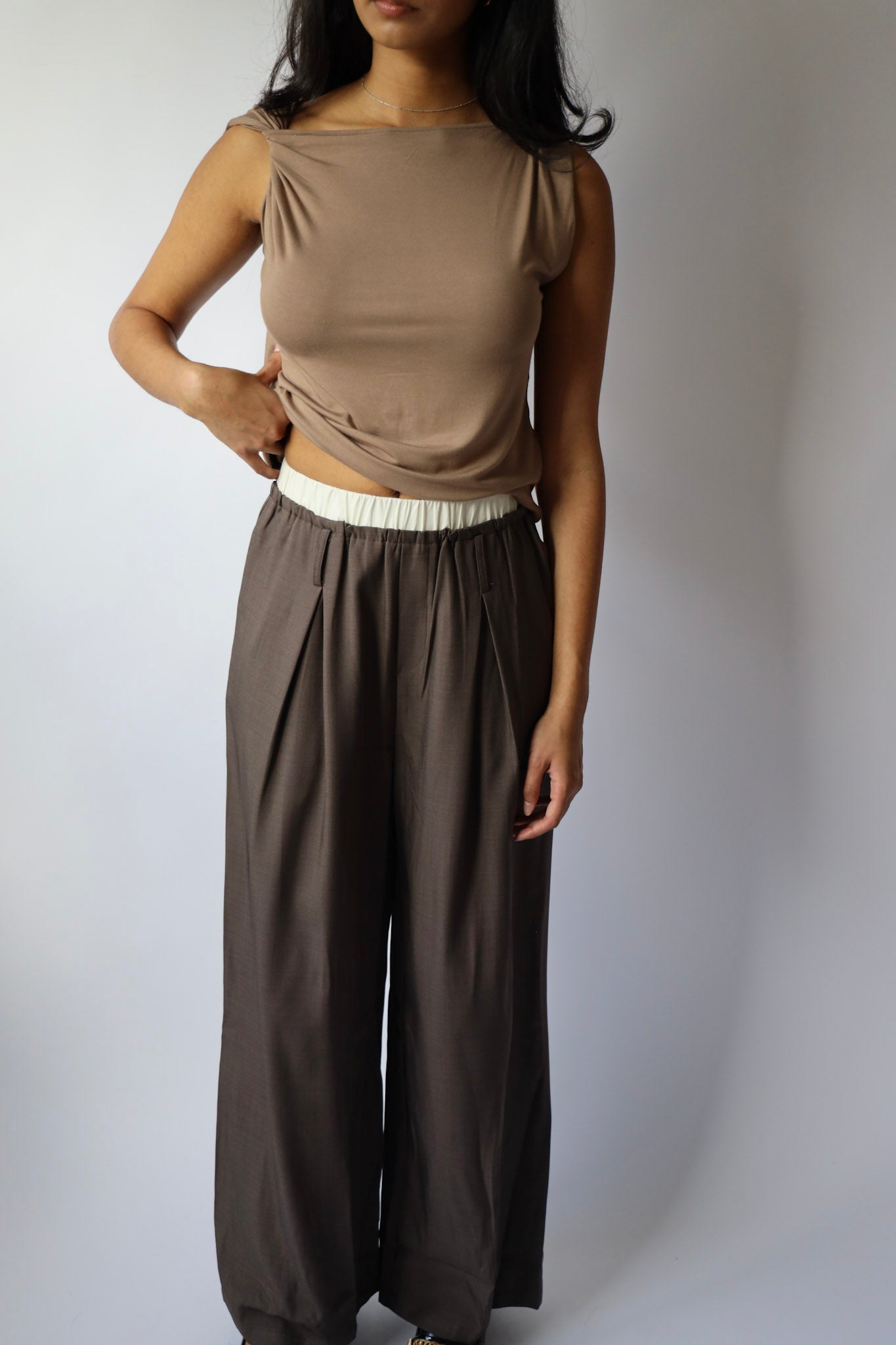 Latte Draped Shoulder Top