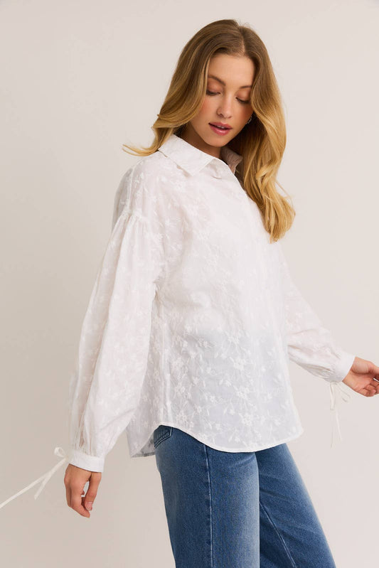 White Floral Embroidered Puff Sleeve Button Down