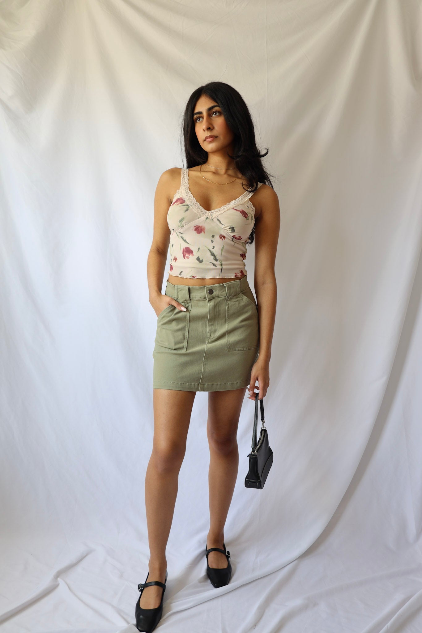 Moody Floral Mesh Lace Shoulder Cami Top