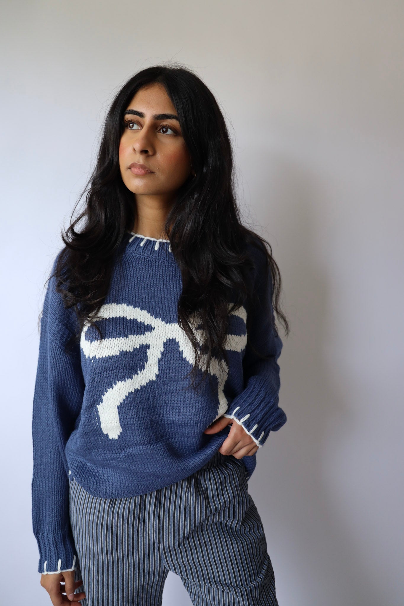 Ribbon Sweater with Stitched Hem