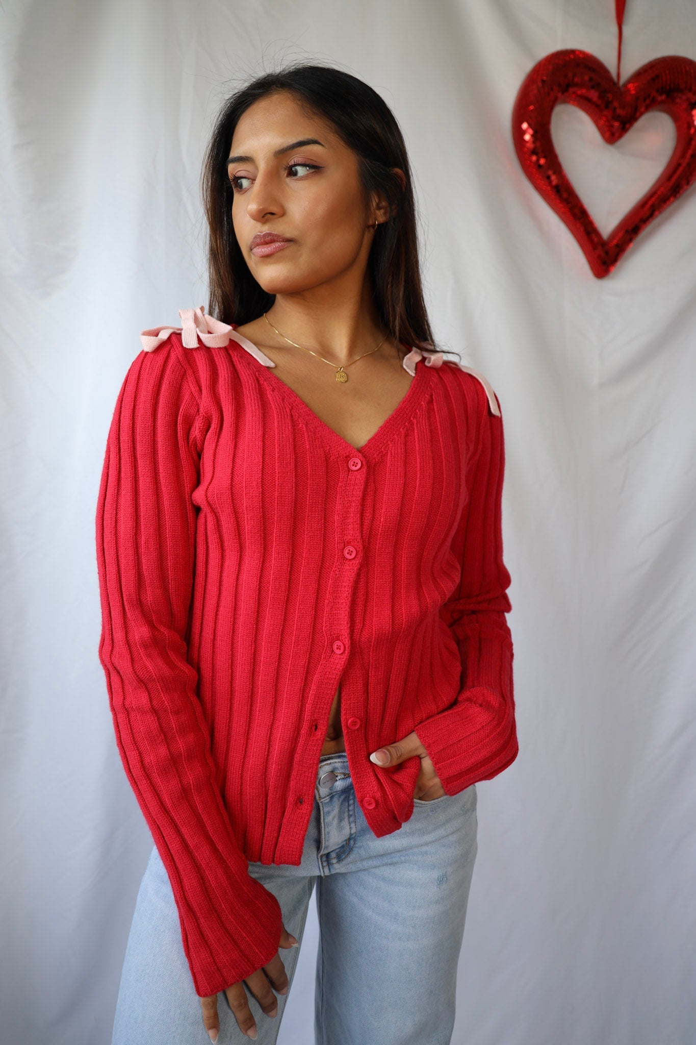 Red Cardigan with Pink Bows