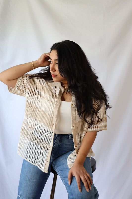 Open Knit Oversized Collar Top