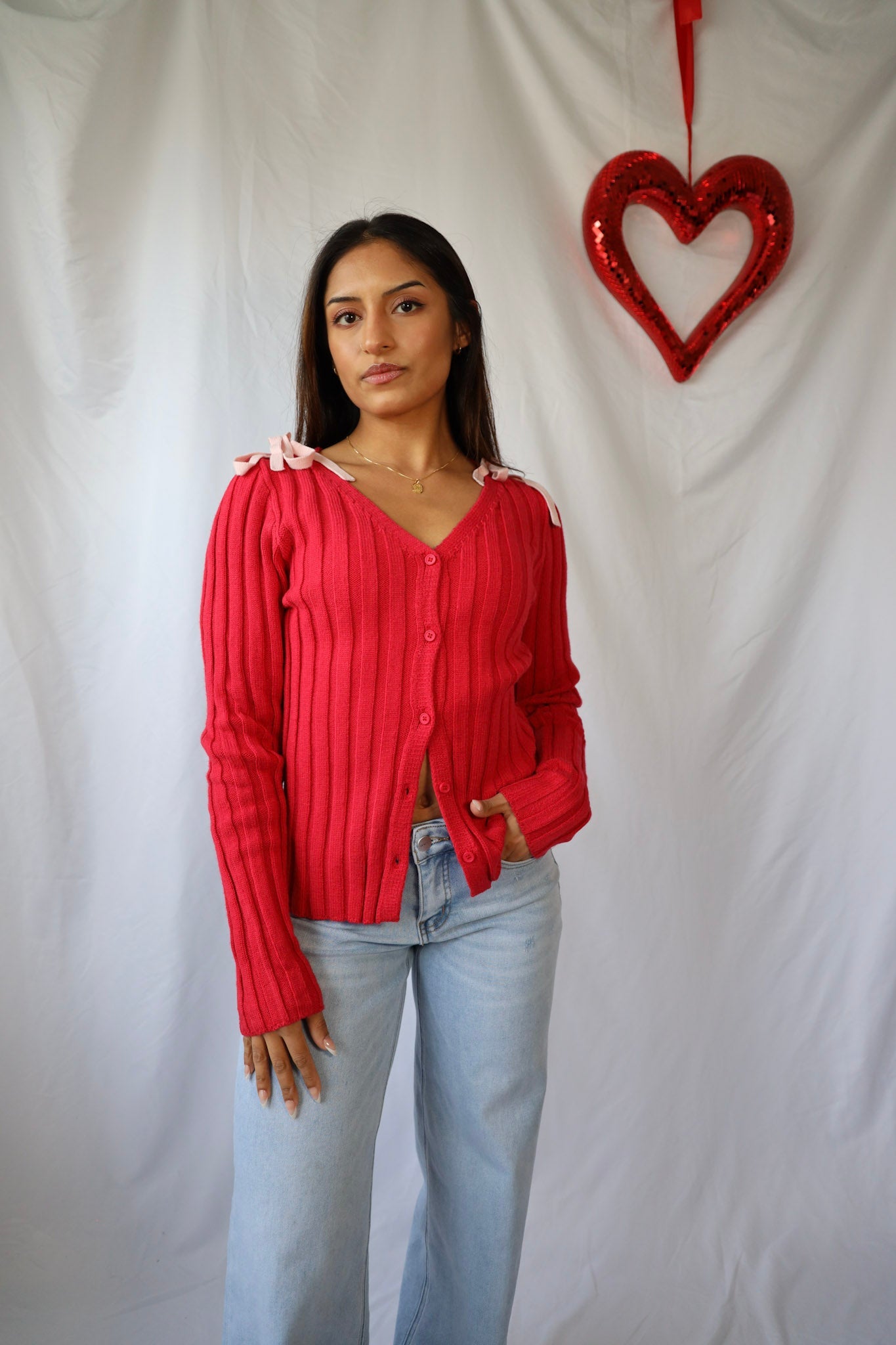 Red Cardigan with Pink Bows