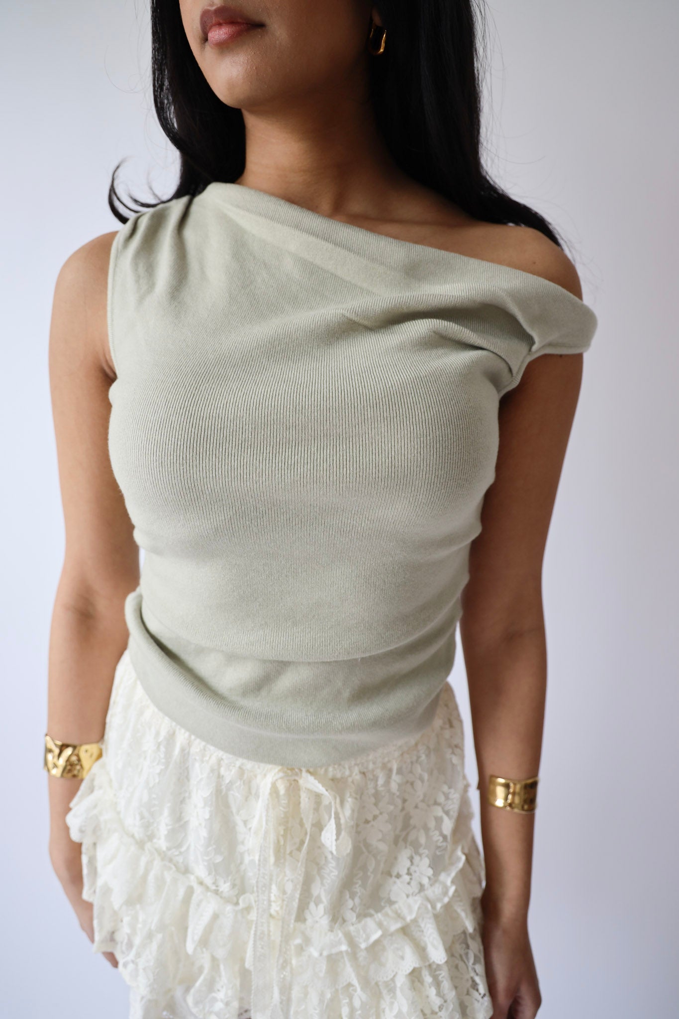 Sage Asymmetrical Neck Sweater Top