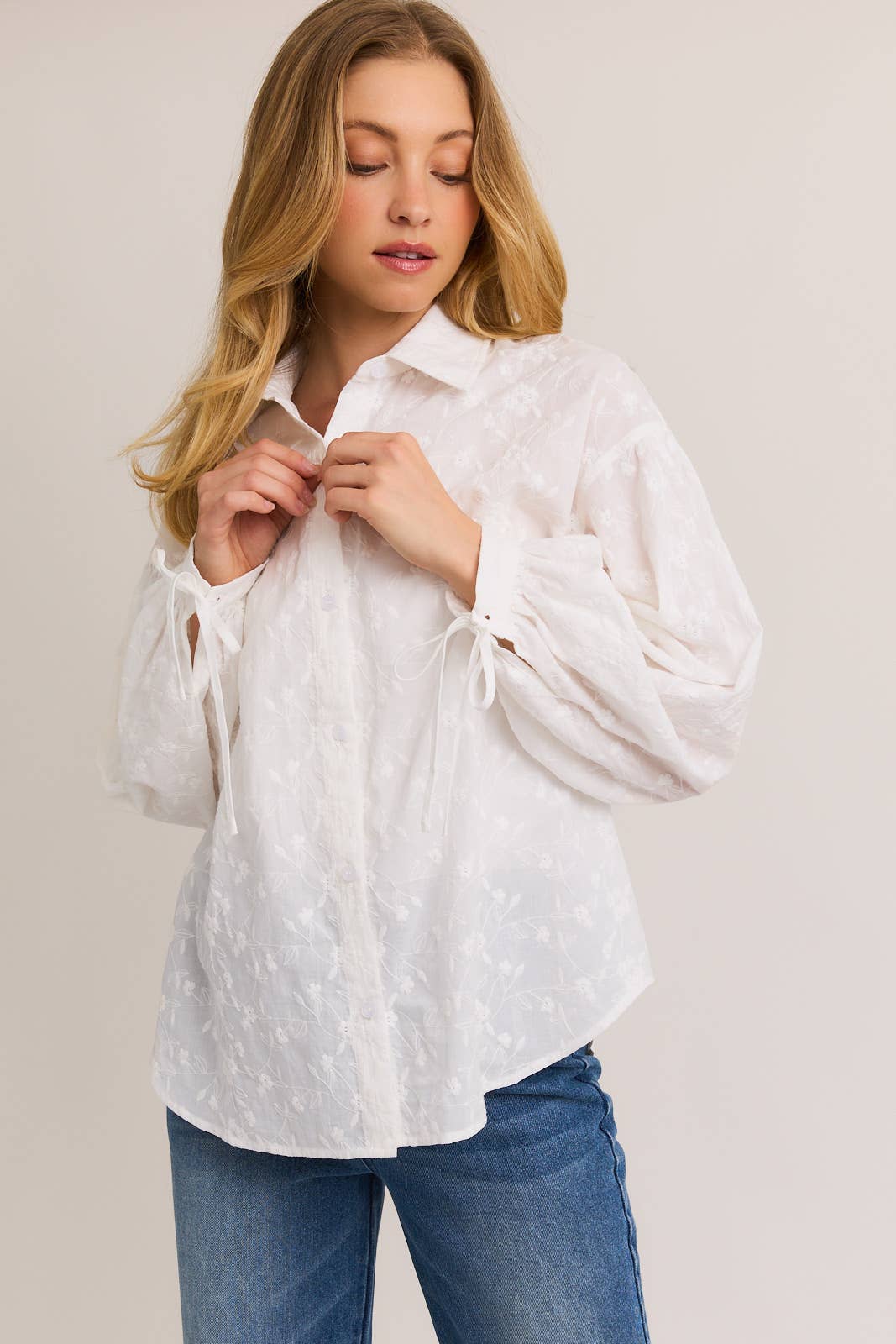 White Floral Embroidered Puff Sleeve Button Down
