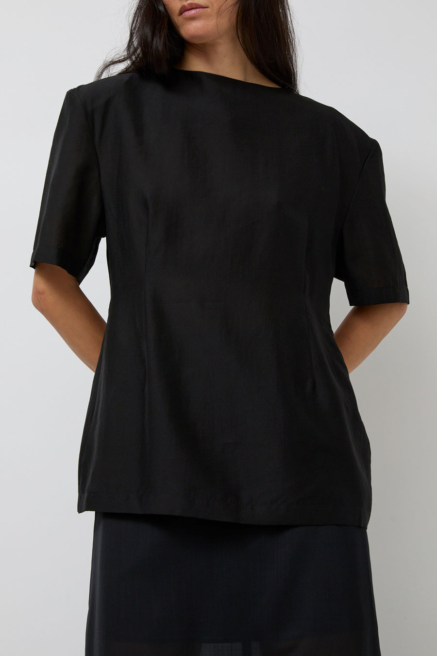 Amomento Silk Oversized Half Shirt in Black