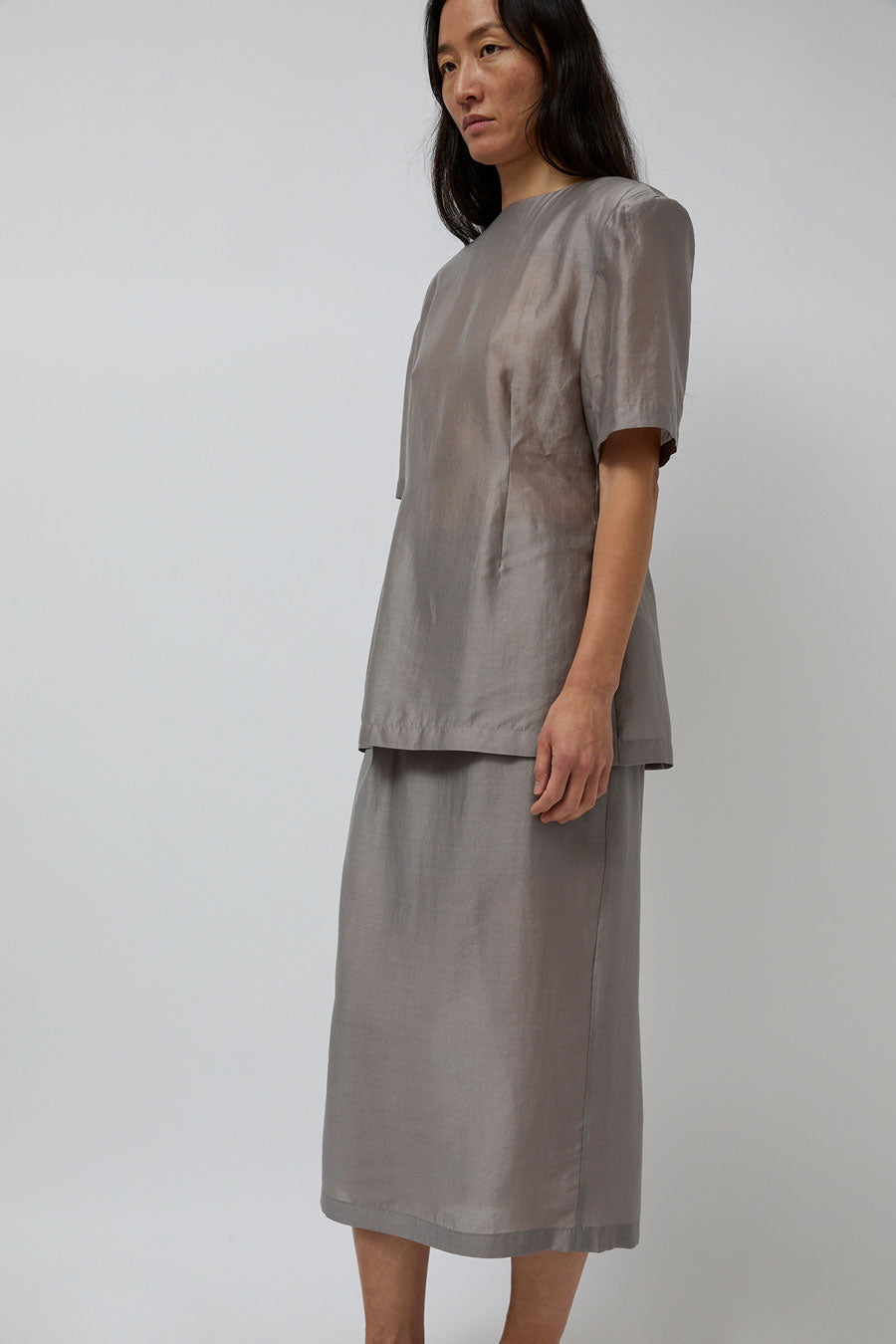Amomento Silk Oversized Half Shirt in Grey