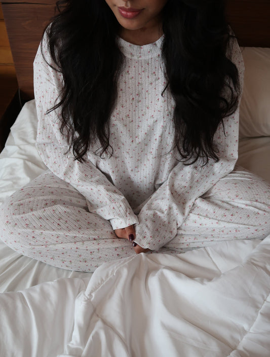 Sunkissed Coconut White Floral Long Sleeve Pajama Top