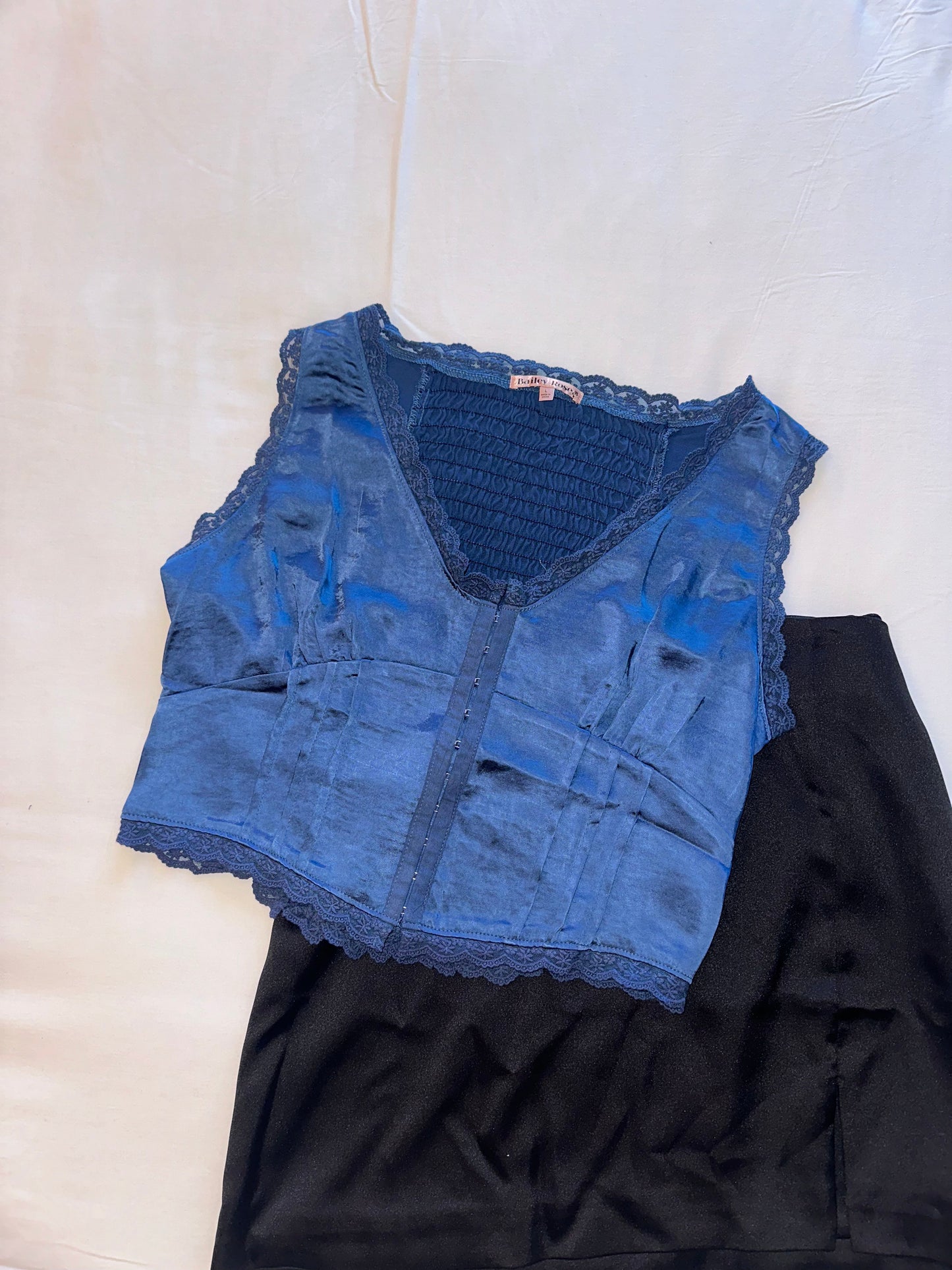 Blue Satin Bustier Top with Lace Trim