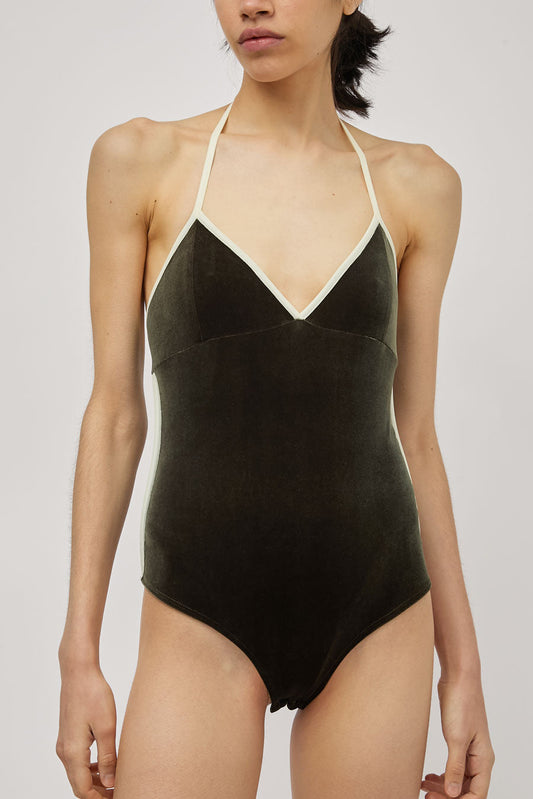 Simone Wild Belle Sport Bodysuit in Olive Velvet and Lemon Ribbon