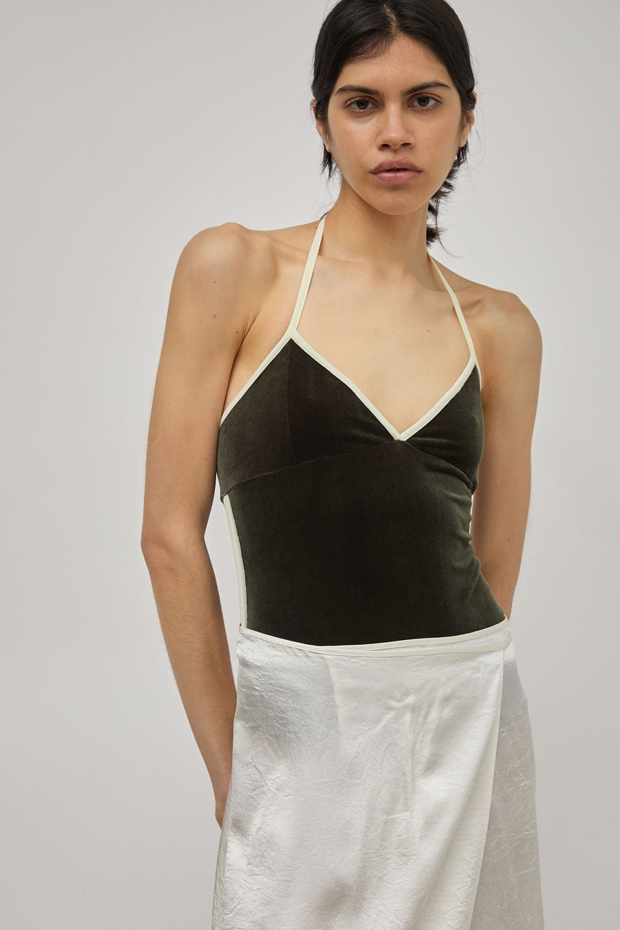 Simone Wild Belle Sport Bodysuit in Olive Velvet and Lemon Ribbon