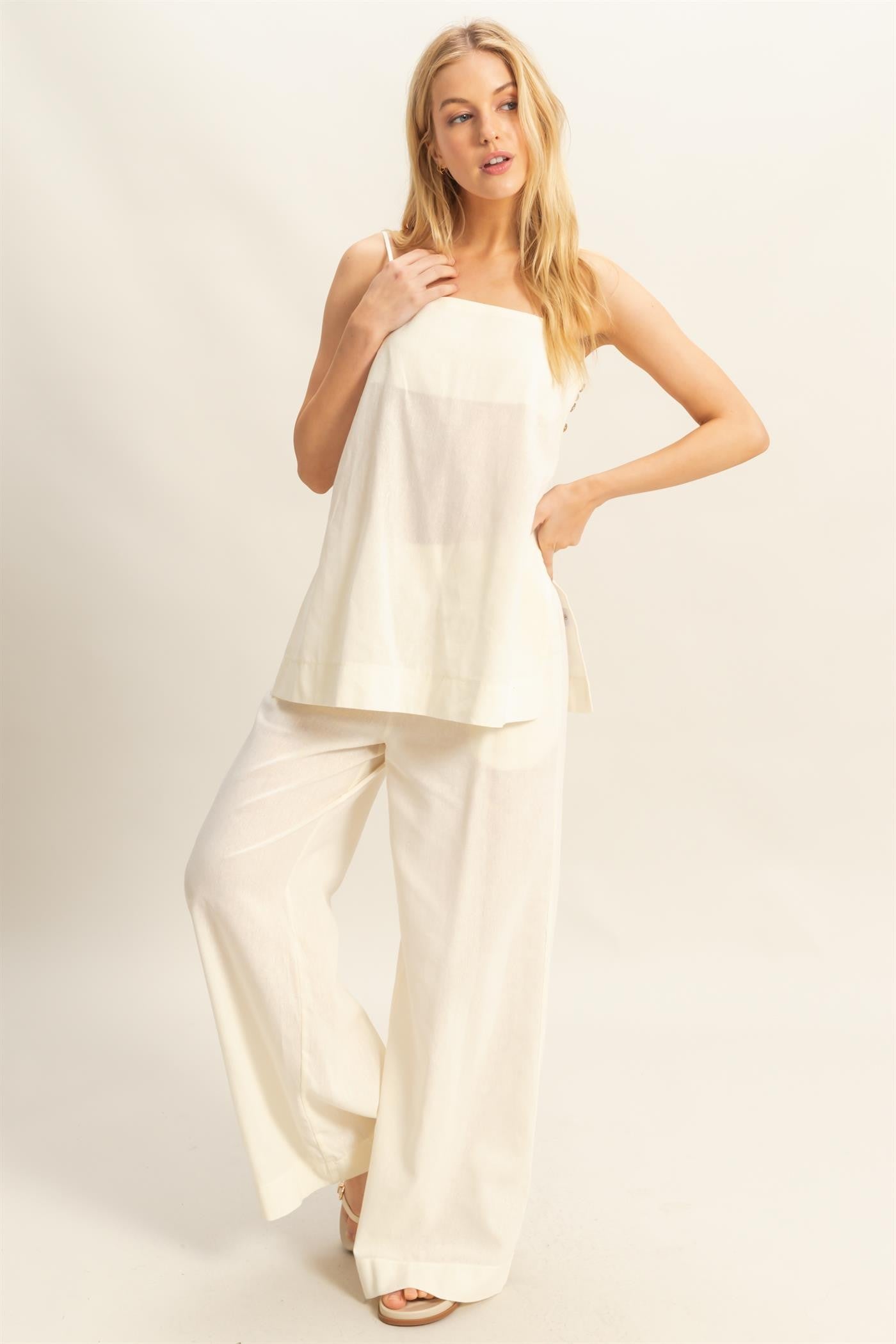 Longline Button Detail Set – Cream Linen