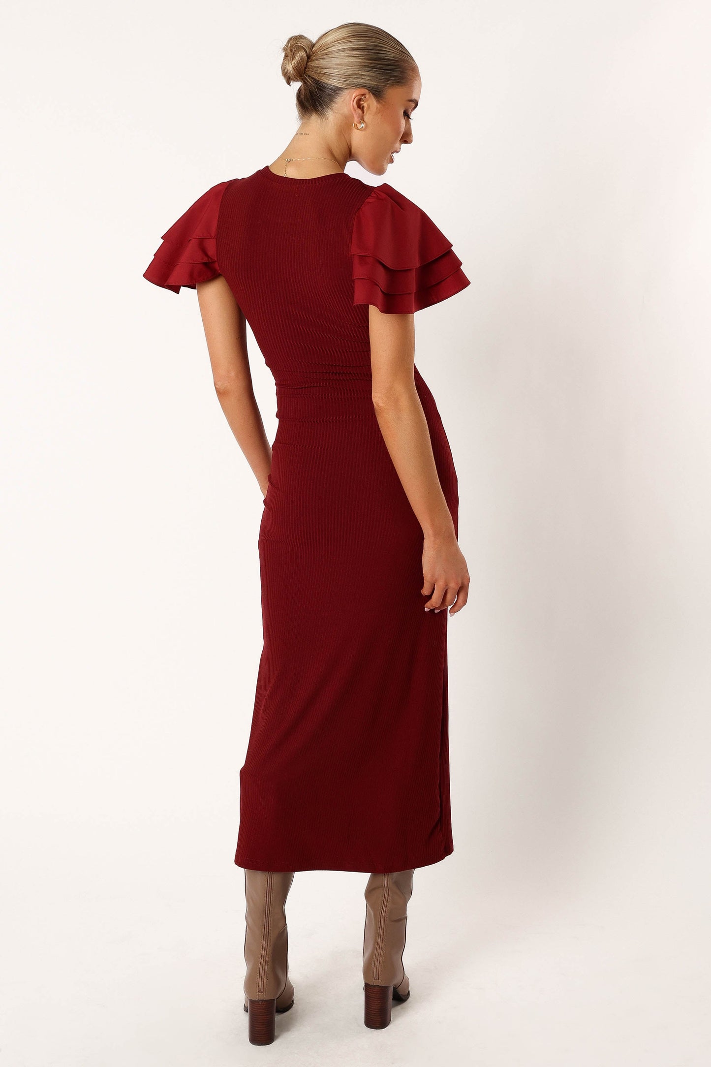 Cally Ruffle Sleeve Midi Dress - Wine